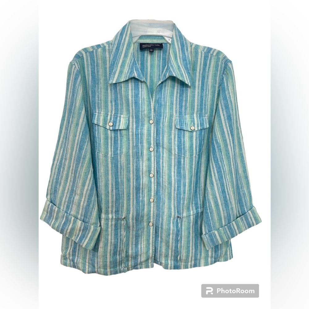 JNY Linen Striped Drawstring Button Up Shirt Size L Crop Top 3/4 Sleeves